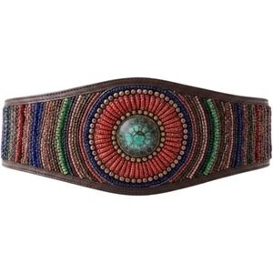Chico Bohemian Beaded Wide Belt Elastic Tribal Cowrie Shell Medallion M/L